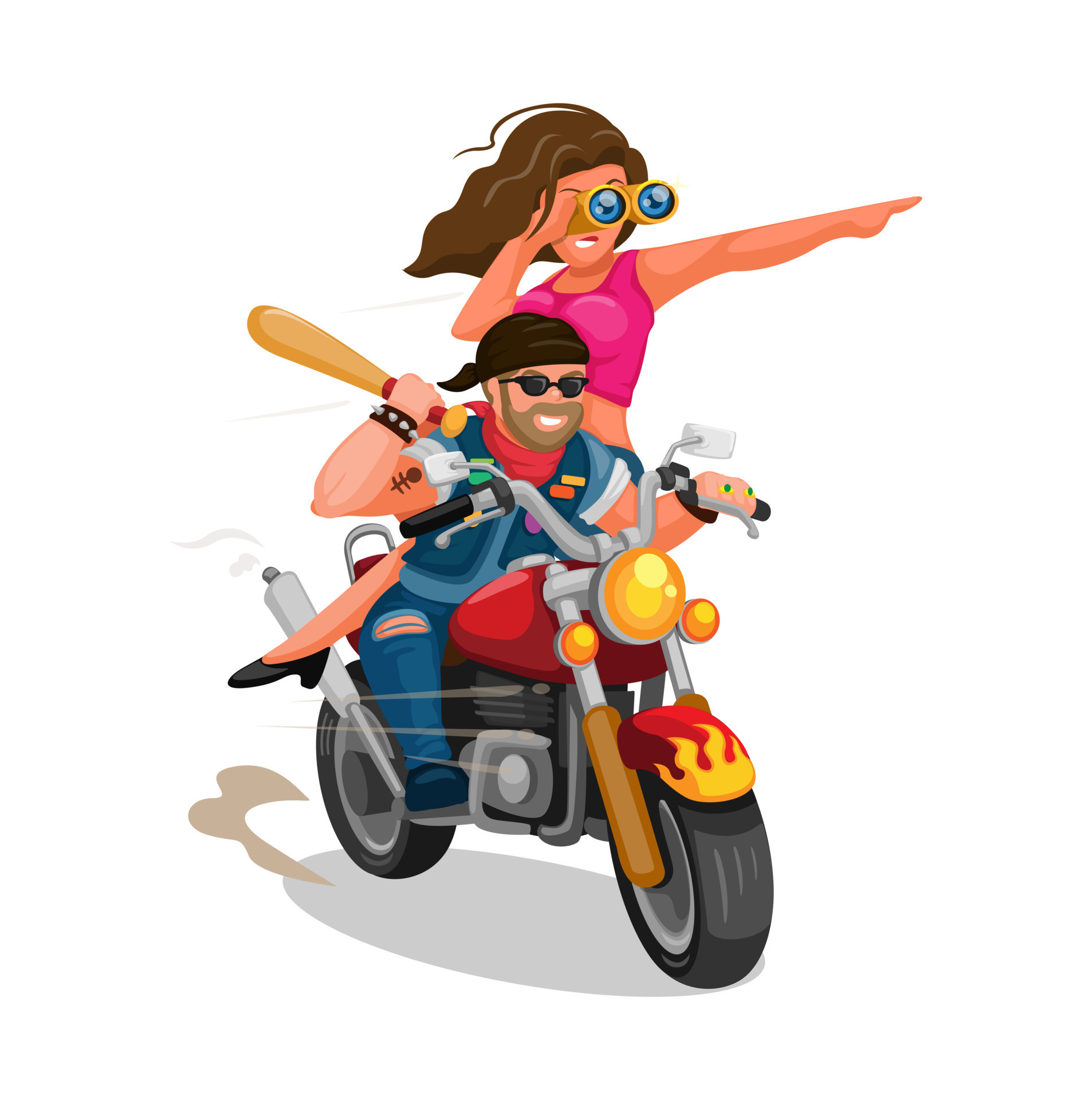 biker-gangster-holding-baseball-bat-riding-motorcycle-with-girl-cartoon-illustration-vector